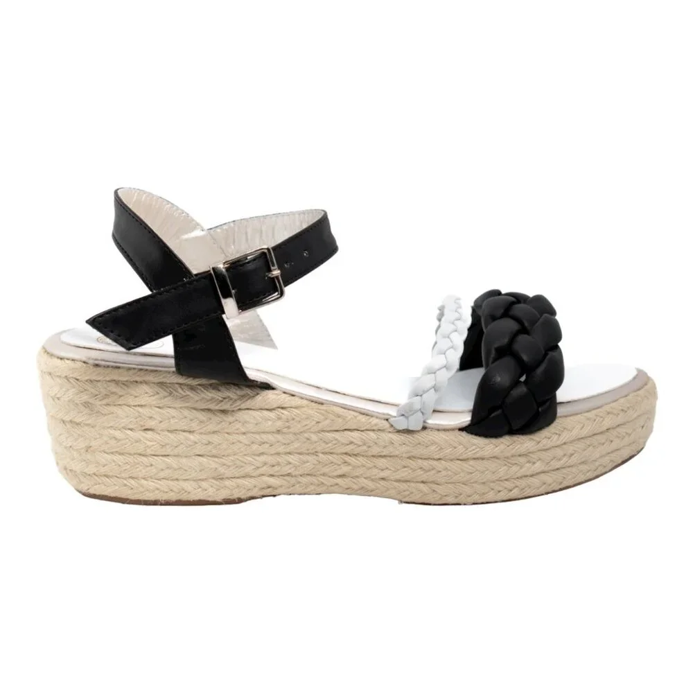 Handcrafted Black & White Braided Espadrille Wedge Sandal